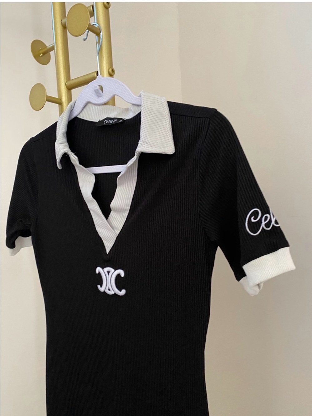 Black Polo-Style Short Sleeve Dress with White Trim - Picture 4 of 4